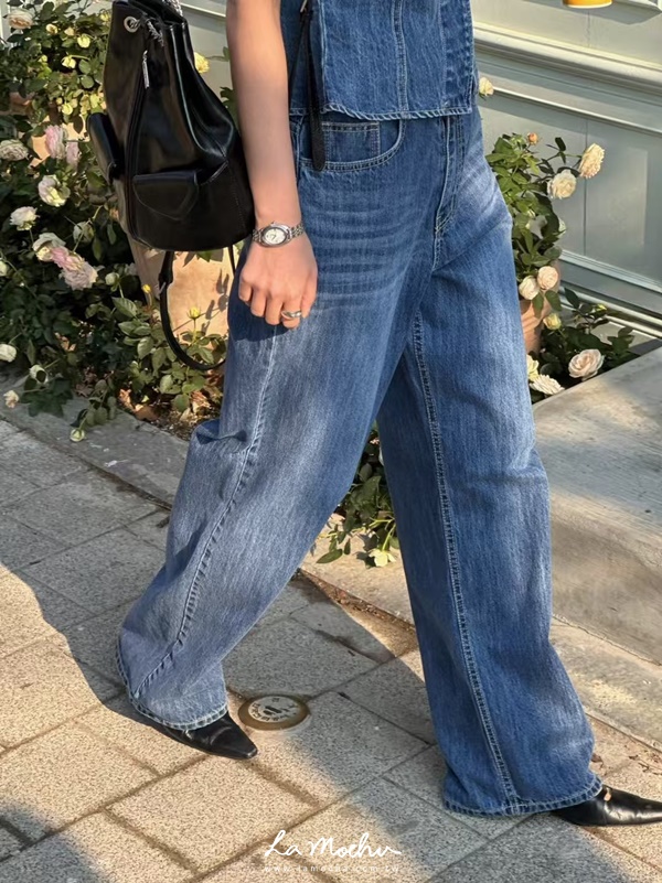 腰毛邊直筒牛仔褲